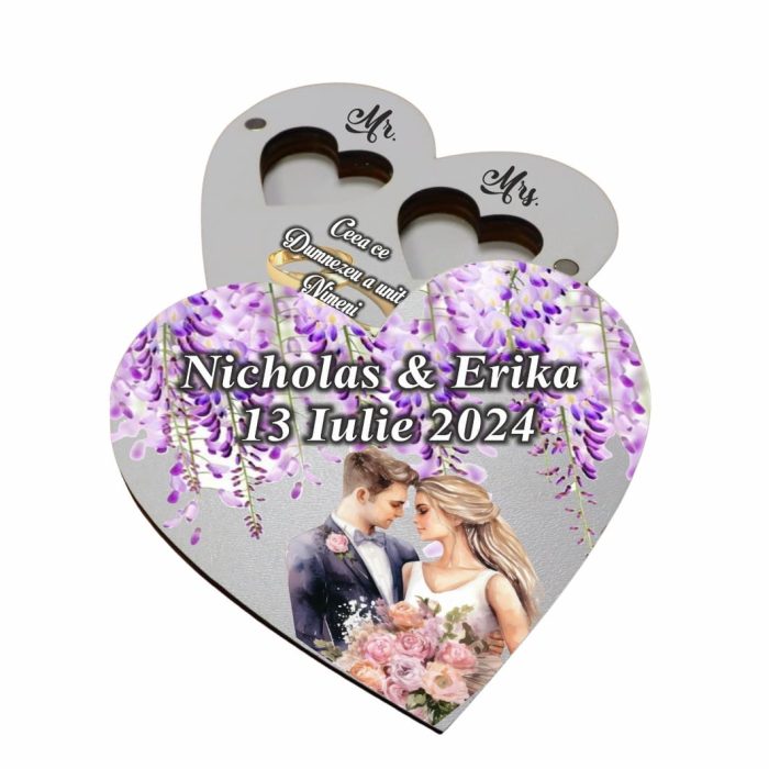 Cutie de verighete cu magnet, Personalizata, Inima, Mov, Lemn, CTV052 - imagine 1