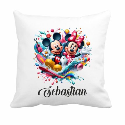 Perna personalizata cu nume, Gradinita, Mickey si Minnie Mouse, 40x40 cm, PGR004