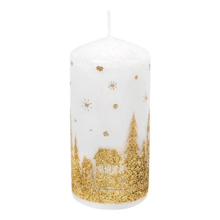 Decoratiune de Craciun, Lumanare, Alb, Auriu, Glitter, Brazi, DCJ280 - imagine 1