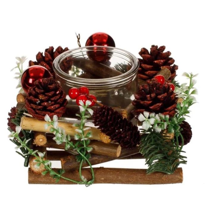 Decoratiune de Craciun, Suport, Lumanare, Lemn, Conuri, Globuri, 15x15x11cm, DCJ307 - imagine 2