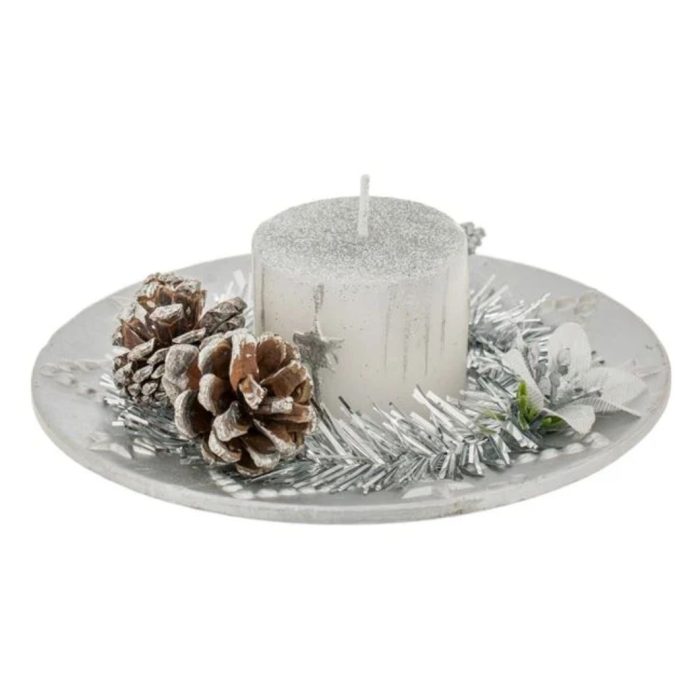Decoratiune de Craciun, Lumanare, Platou Decorativ, Conuri, Argintiu, 14cm, DCJ313 - imagine 1
