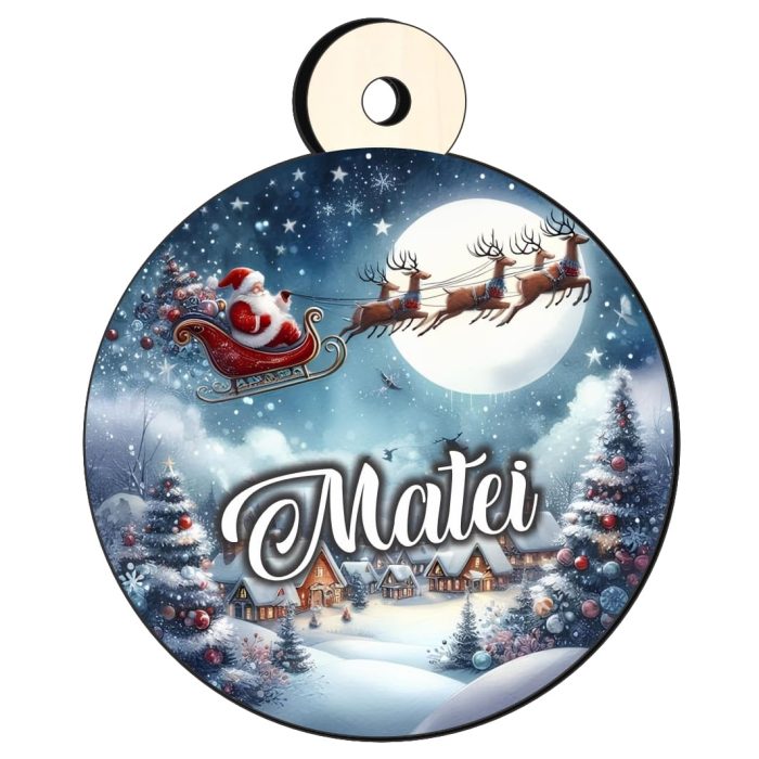 Glob Lemn, Craciun, Personalizat, Mos Craciun cu sania, Multicolor, 9cm, GLUV032 - imagine 1
