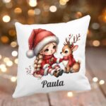 Perna personalizata , Craciun, Fetita cu ren, 40x40 cm, PC006 - imagine 3