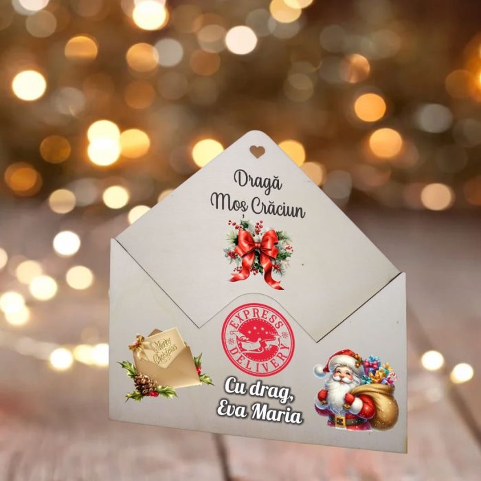 Plic pentru Scrisoare Mos Craciun, Personalizat, Lemn, 23x22 cm, PSSMC002 - imagine 2