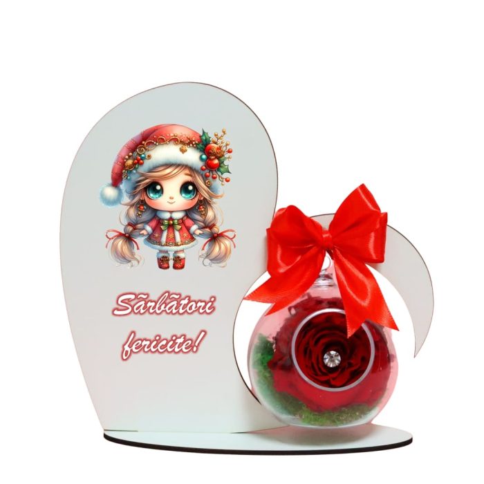 Decoratiune cu licheni si trandafir criogenat rosu, Craciun, Lemn, 20×19 cm, SGCUV007 - imagine 1
