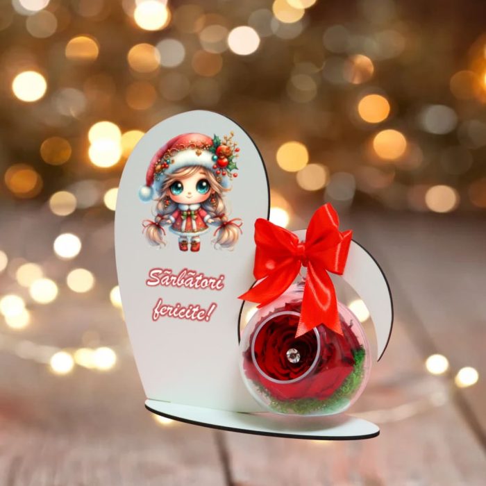 Decoratiune cu licheni si trandafir criogenat rosu, Craciun, Lemn, 20×19 cm, SGCUV007 - imagine 2