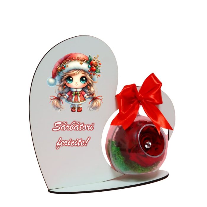 Decoratiune cu licheni si trandafir criogenat rosu, Craciun, Lemn, 20×19 cm, SGCUV007 - imagine 3