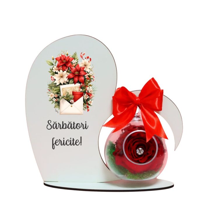 Decoratiune cu licheni si trandafir criogenat rosu, Craciun, Lemn, 20×19 cm, SGCUV009 - imagine 1