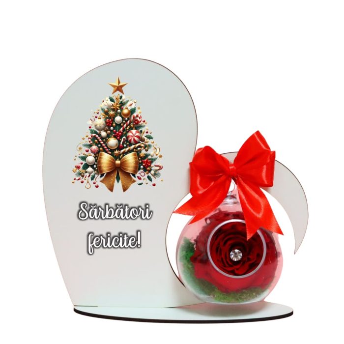 Decoratiune cu licheni si trandafir criogenat rosu, Craciun, Lemn, 20×19 cm, SGCUV010 - imagine 1