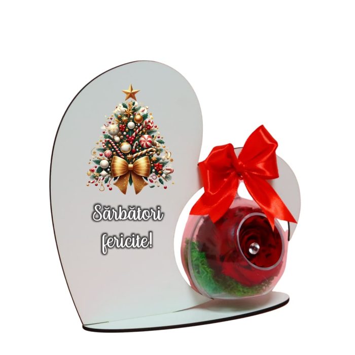 Decoratiune cu licheni si trandafir criogenat rosu, Craciun, Lemn, 20×19 cm, SGCUV010 - imagine 3