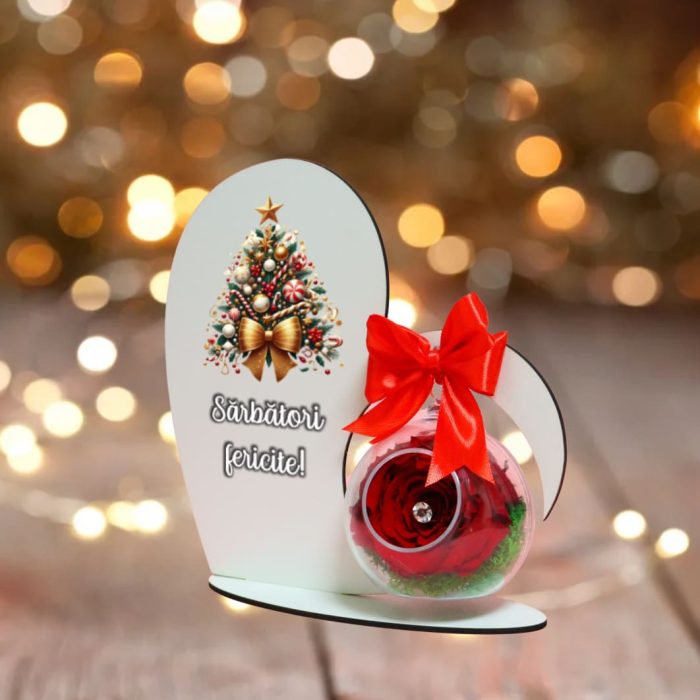 Decoratiune cu licheni si trandafir criogenat rosu, Craciun, Lemn, 20×19 cm, SGCUV010 - imagine 2