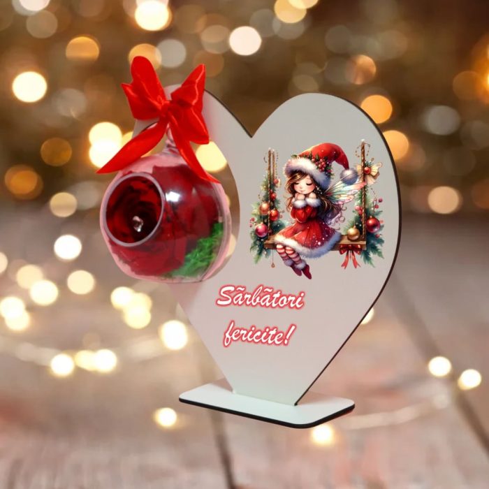 Decoratiune cu licheni si trandafir criogenat rosu, Craciun, Lemn, 20×19 cm, SGCUV013 - imagine 2