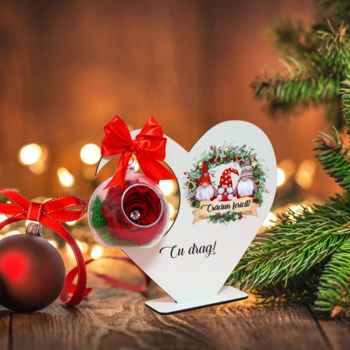 Decoratiune cu licheni si trandafir criogenat rosu, Craciun, Lemn, 20×19 cm, SGCUV017 - imagine 4