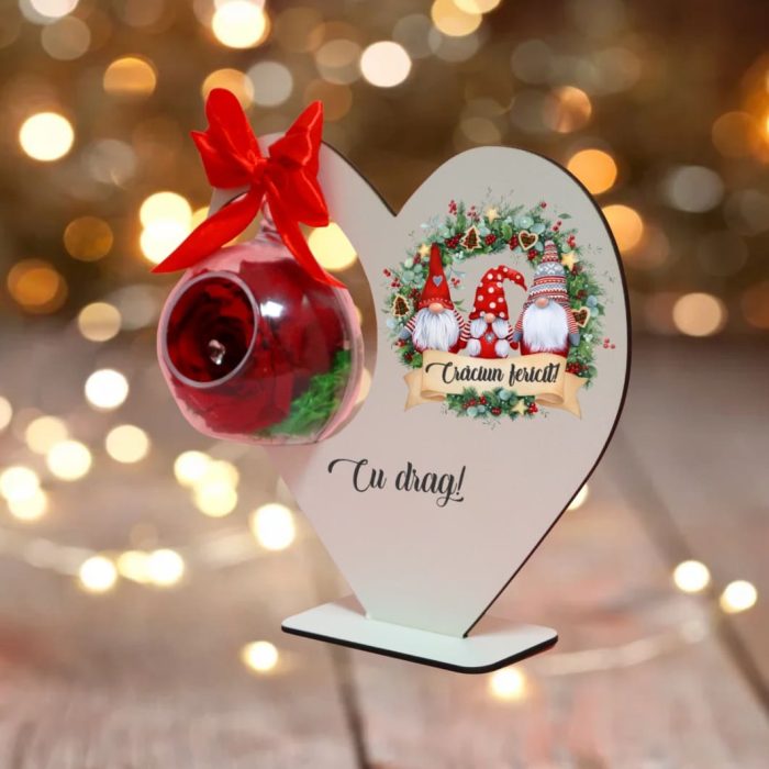 Decoratiune cu licheni si trandafir criogenat rosu, Craciun, Lemn, 20×19 cm, SGCUV017 - imagine 2