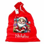 Saculet Personalizat de Craciun Catifelat, Rosu, Mos Craciun, 60 cm, SMCR023