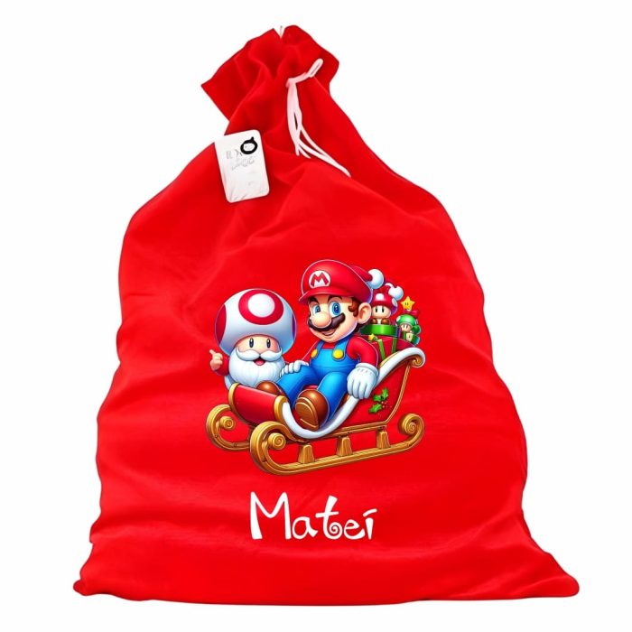 Saculet Personalizat de Craciun Catifelat, Rosu, Mos Craciun, 60 cm, SMCR027 - imagine 1