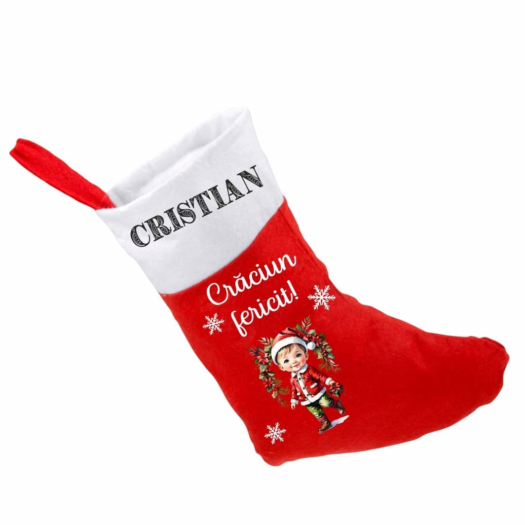ciorap craciun personalizat baietel coronita rosu