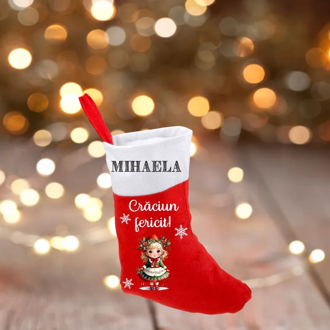 ciorap craciun personalizat fetita coronita rosu