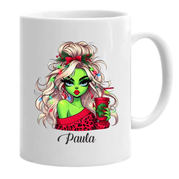 Cana de Craciun, Alba, Personalizata, Lady Grinch, 350 ml, CNCUV005 - imagine 1