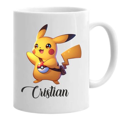Cana personalizata, Alba, Pickachu, Pokemon, 350 ml, CDUV019