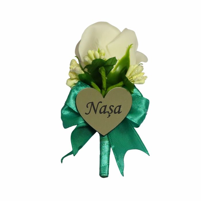 Cocarde Nunta, Model Inima Floral, Trandafir, Argintiu-Verde, CFL005 - imagine 1