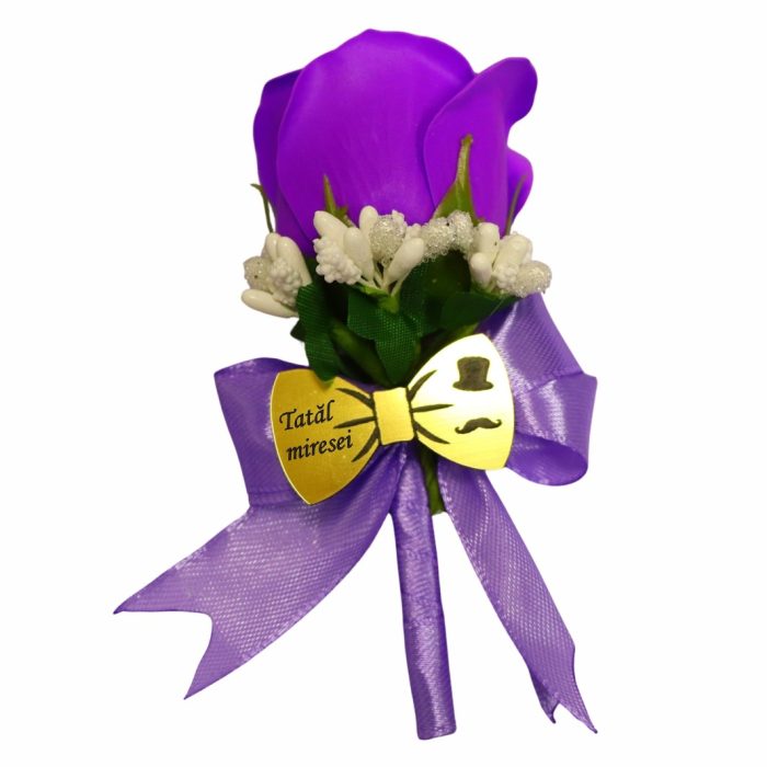 Cocarde Nunta, Model Papion Floral, Trandafir, Auriu-Mov, CFL025 - imagine 6