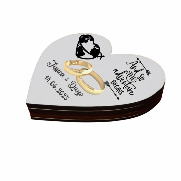Cutie de verighete cu magnet, Personalizata, Inima, Alb, Lemn, CTV053 - imagine 4