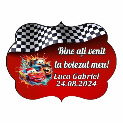 Pancarta Bine Ati Venit, Personalizata, Botez, Cars, Rosu, 40x31cm, PBBUV012