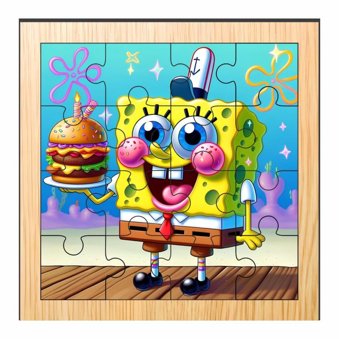 Puzzle din lemn, SpongeBob, 16 piese, Multicolor, 17x17 cm, PDUV018 - imagine 1