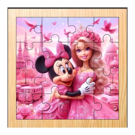 Puzzle din lemn, Minnie Mouse, Barbie, 16 piese, Multicolor, 17x17 cm, PDUV019