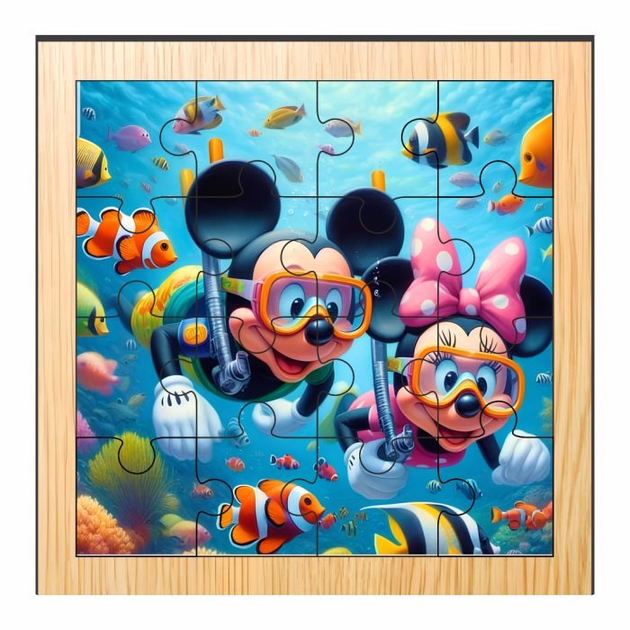 Puzzle din lemn, Minnie Mouse, Mickey Mouse, 16 piese, Multicolor, 17x17 cm, PDUV026 - imagine 1