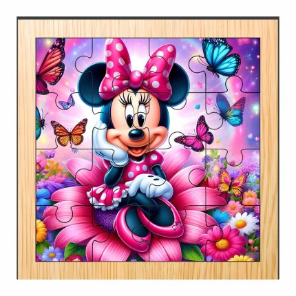 Puzzle din lemn, Minnie Mouse, 16 piese, Multicolor, 17x17 cm, PDUV029