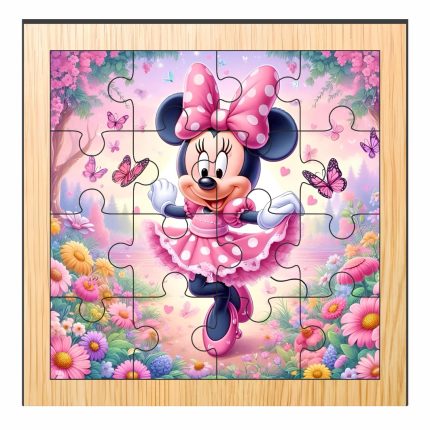 Puzzle din lemn, Minnie Mouse, 16 piese, Multicolor, 17x17 cm, PDUV031