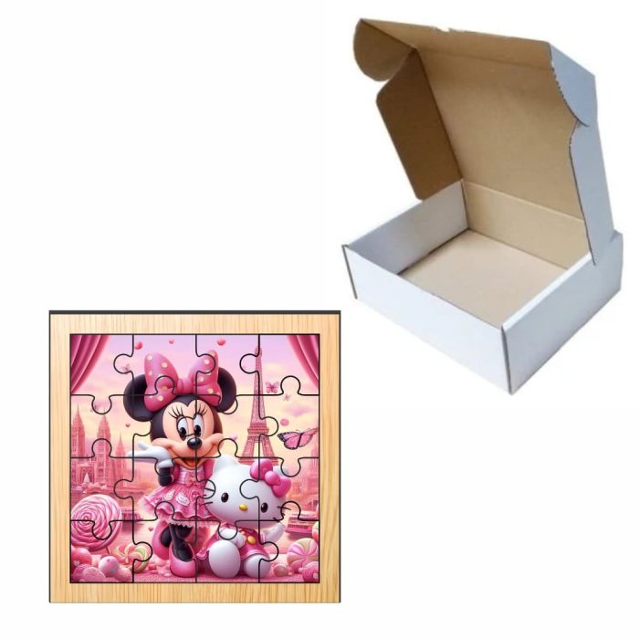 Puzzle din lemn, Minnie Mouse, Hello Kitty, 16 piese, Multicolor, 17x17 cm, PDUV032 - imagine 3