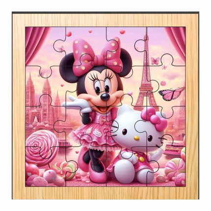 Puzzle din lemn, Minnie Mouse, Hello Kitty, 16 piese, Multicolor, 17x17 cm, PDUV032