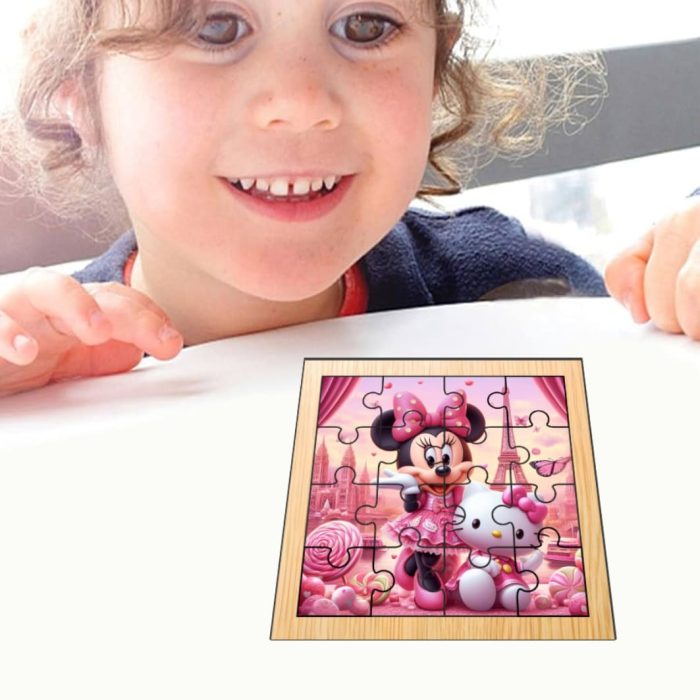Puzzle din lemn, Minnie Mouse, Hello Kitty, 16 piese, Multicolor, 17x17 cm, PDUV032 - imagine 4