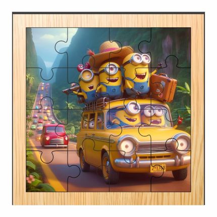 Puzzle din lemn, Minioni, 16 piese, Multicolor, 17x17 cm, PDUV037