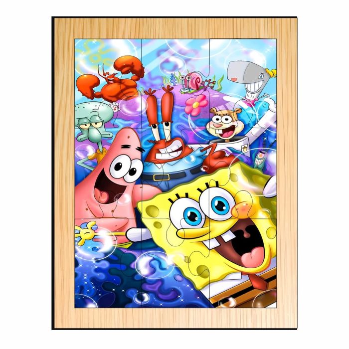 Puzzle din lemn, SpongeBob, 9 piese, Multicolor, 15x12 cm, PDUV057 - imagine 1