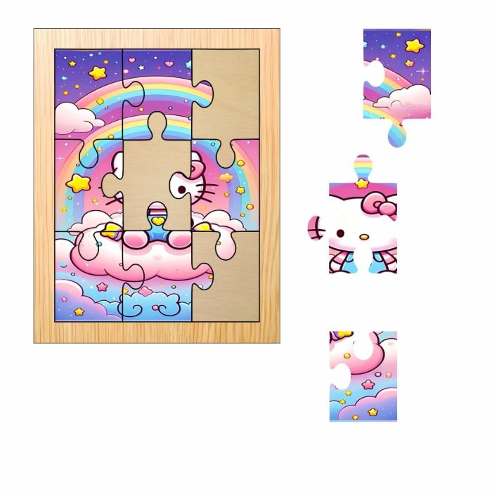 Puzzle din lemn, Hello Kitty, 9 piese, Multicolor, 15x12 cm, PDUV062 - imagine 2