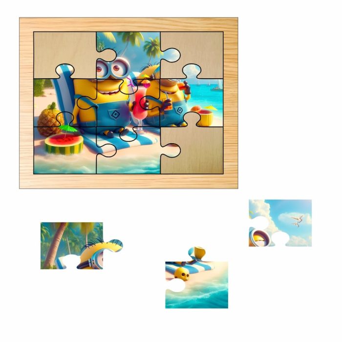 Puzzle din lemn, Minioni, 9 piese, Multicolor, 15x12 cm, PDUV076 - imagine 2