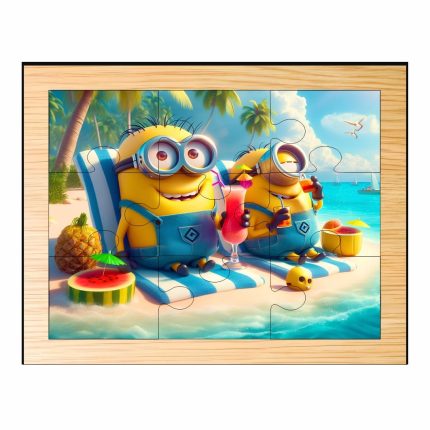Puzzle din lemn, Minioni, 9 piese, Multicolor, 15x12 cm, PDUV076