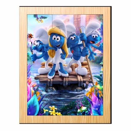 Puzzle din lemn, Strumfi, 9 piese, Multicolor, 15x12 cm, PDUV084