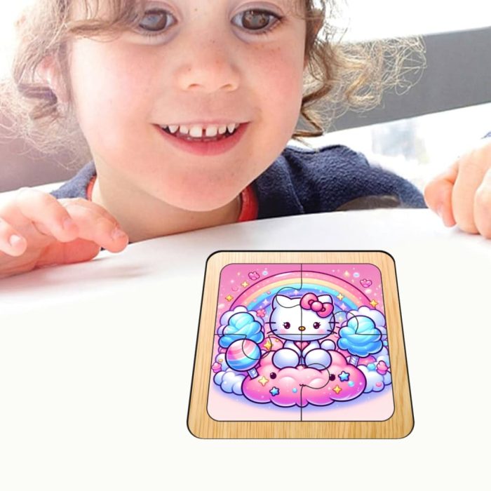Puzzle din lemn, Hello Kitty, 4 piese, Multicolor, 10x10 cm, PDUV097 - imagine 4