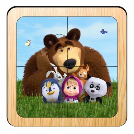 Puzzle din lemn, Masha si Ursul, 4 piese, Multicolor, 10x10 cm, PDUV103