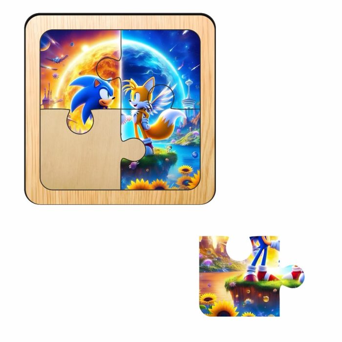Puzzle din lemn, Sonic, 4 piese, Multicolor, 10x10 cm, PDUV104 - imagine 2