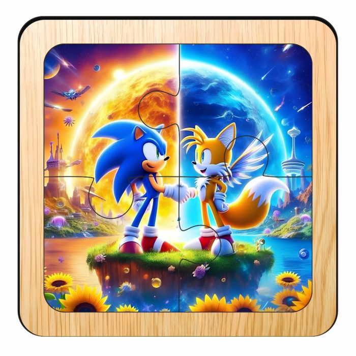 Puzzle din lemn, Sonic, 4 piese, Multicolor, 10x10 cm, PDUV104 - imagine 1