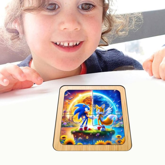 Puzzle din lemn, Sonic, 4 piese, Multicolor, 10x10 cm, PDUV104 - imagine 4