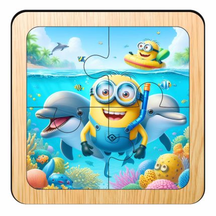 Puzzle din lemn, Minioni, 4 piese, Multicolor, 10x10 cm, PDUV105