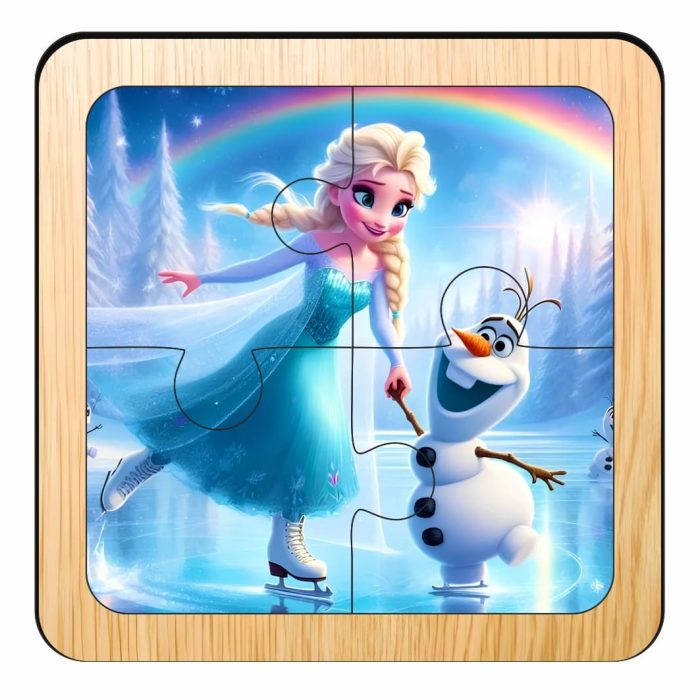 Puzzle din lemn, Elsa, Olaf, 4 piese, Multicolor, 10x10 cm, PDUV110 - imagine 1
