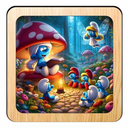Puzzle din lemn, Strumfi, 4 piese, Multicolor, 10x10 cm, PDUV113
